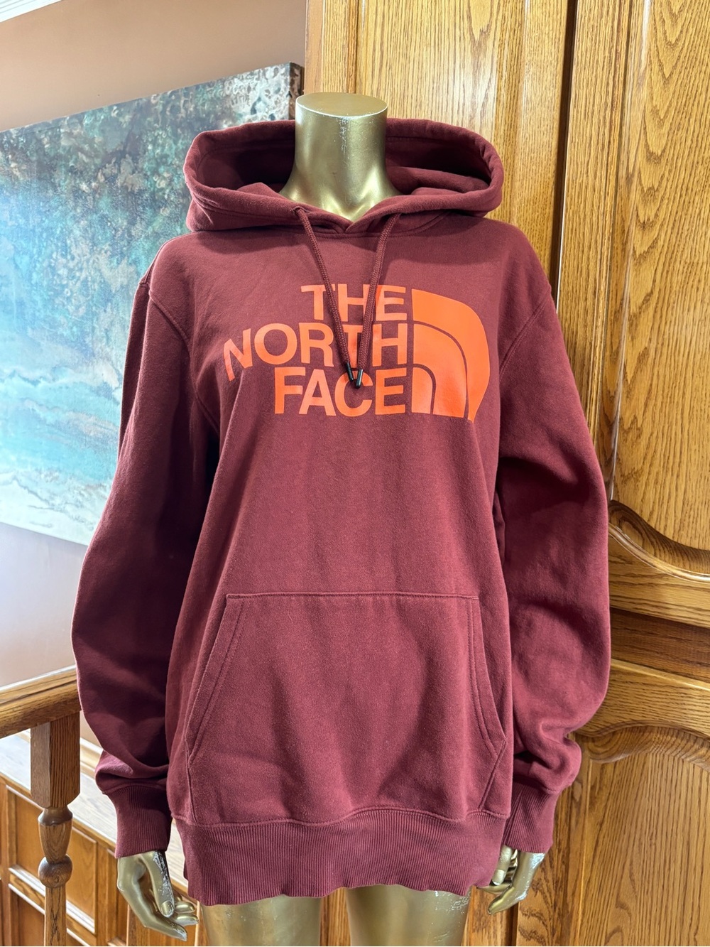 The North Face Men's Maroon Crewneck Hoodie with Orange Logo